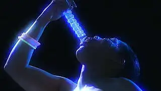 Asian milf Jessica rubs her cunt with the glass dildo.